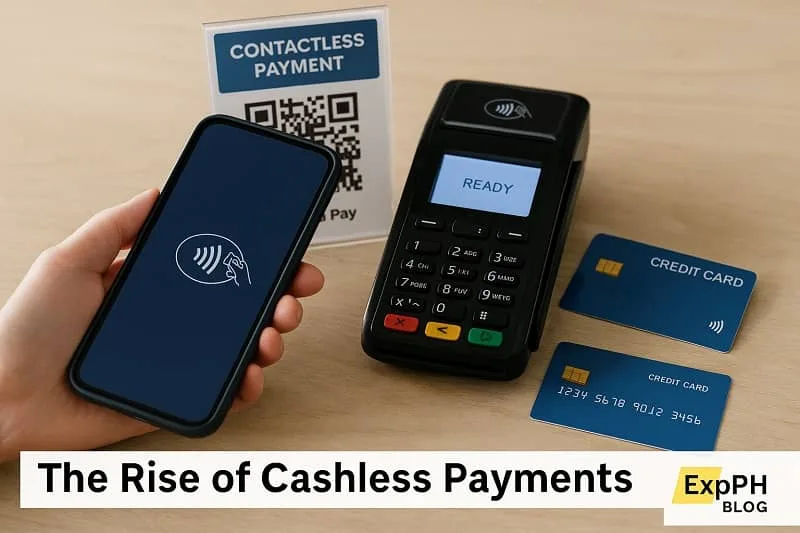 A realistic setup showing a smartphone, QR code stand, payment terminal, and credit cards representing the rise of cashless payments.