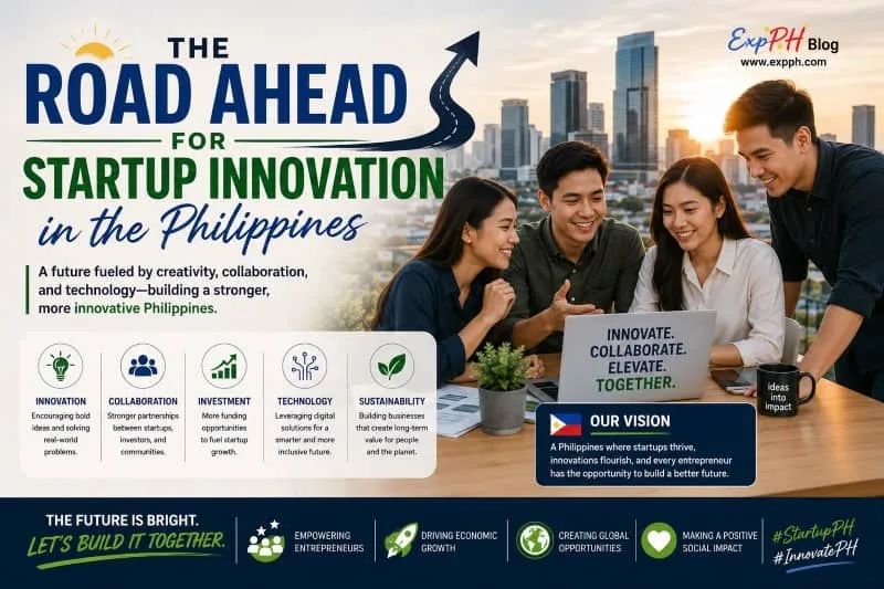 Realistic image of Filipino entrepreneurs and innovators planning the future of startup innovation in the Philippines with ExpPH Blog logo.