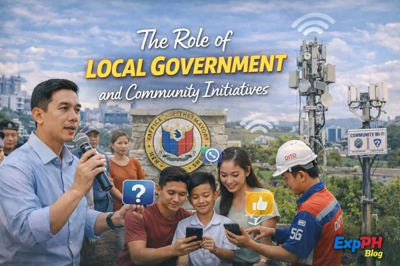 Realistic image of Filipino local government officials and community members discussing digital connectivity near a 5G tower, featuring mixed-font typography and the smaller ExpPH Blog logo.