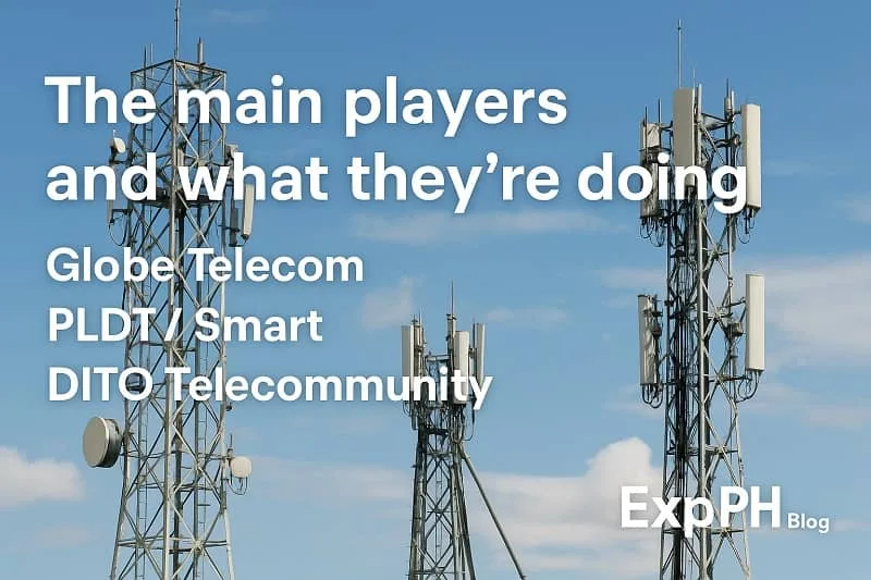 Telecom towers representing Globe, Smart, and DITO with ExpPH Blog logo