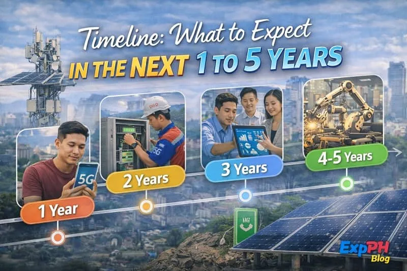 Realistic image of a 5G tower with a visual timeline from year one to year five, featuring Filipino professionals and city development in the background, with mixed-font typography and the smaller ExpPH Blog logo.