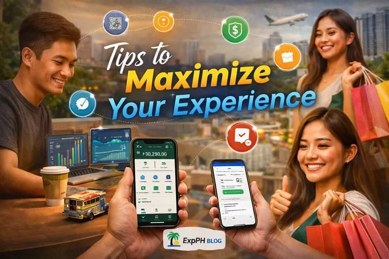 Tips to maximize digital wallet experience shown with Filipino users using mobile payment apps, budgeting tools, and savings features with ExpPH Blog logo