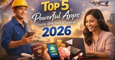 Filipino OFW man and woman using smartphone and laptop with travel, finance, and learning app icons representing top 5 powerful apps for OFWs in 2026 with ExpPH Blog logo