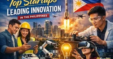Filipino entrepreneurs and innovators working with technology, featuring a modern Manila skyline, rocket launch, robotics, VR, and Philippine flag representing top startups leading innovation in the Philippines