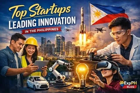 Filipino entrepreneurs and innovators working with technology, featuring a modern Manila skyline, rocket launch, robotics, VR, and Philippine flag representing top startups leading innovation in the Philippines