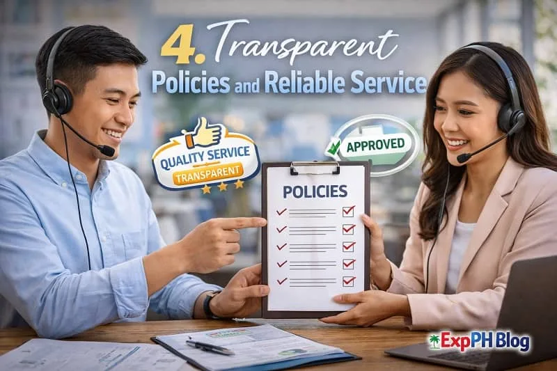 Filipino customer service agents discussing transparent policies while holding a checklist document with approval icons, representing reliable service with ExpPH Blog logo