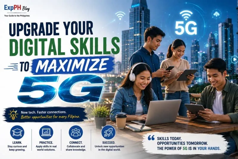 Realistic image of Filipino students and professionals using laptops, smartphones, and digital tools with 5G network graphics and the ExpPH Blog logo.