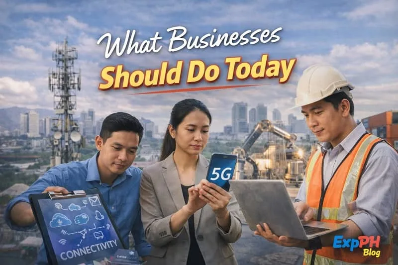 Realistic image of Filipino business professionals in a modern office reviewing data dashboards with a 5G tower visible in the background, featuring mixed-font typography and the smaller ExpPH Blog logo.