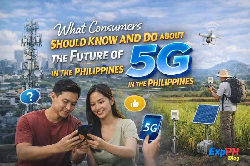 Realistic image of Filipino consumers checking 5G coverage on smartphones in an urban Philippine setting, with mixed-font display typography and the smaller ExpPH Blog logo.