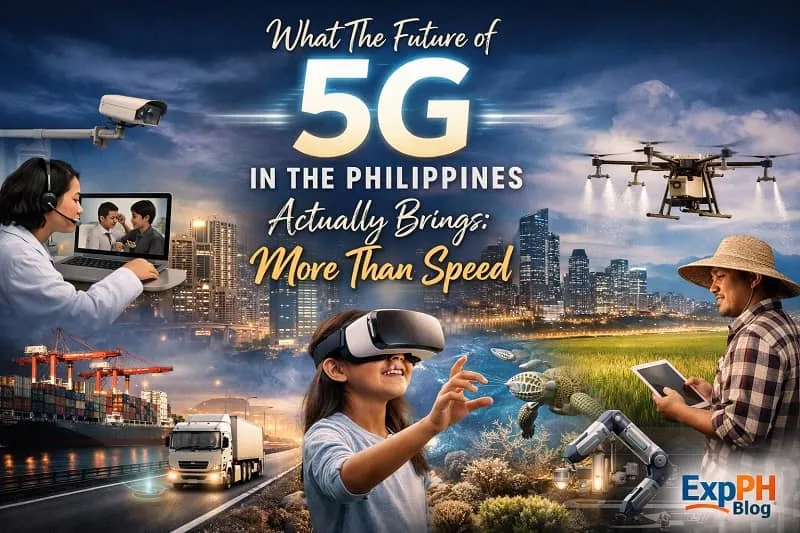 Realistic image of a 5G tower in Metro Manila with Filipino professionals using digital devices, overlaid with mixed-font typography text and the ExpPH Blog logo, symbolizing advanced connectivity beyond internet speed.