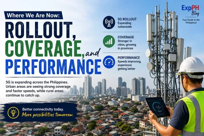 Realistic image of 5G rollout and network coverage in the Philippines featuring telecom towers, a modern city skyline, digital connectivity graphics, and the ExpPH Blog logo.