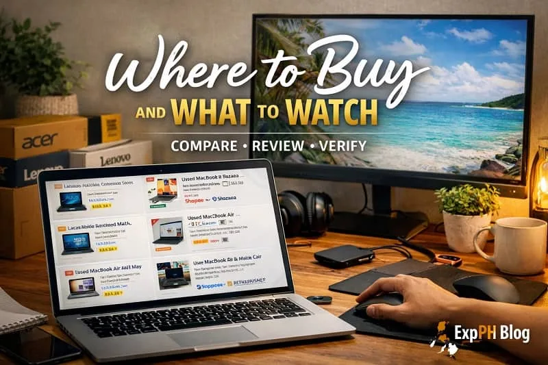 Filipino home office setup showing a person comparing laptop listings online with product boxes, external monitor, and ExpPH Blog logo, highlighting where to buy and what to check before purchasing.