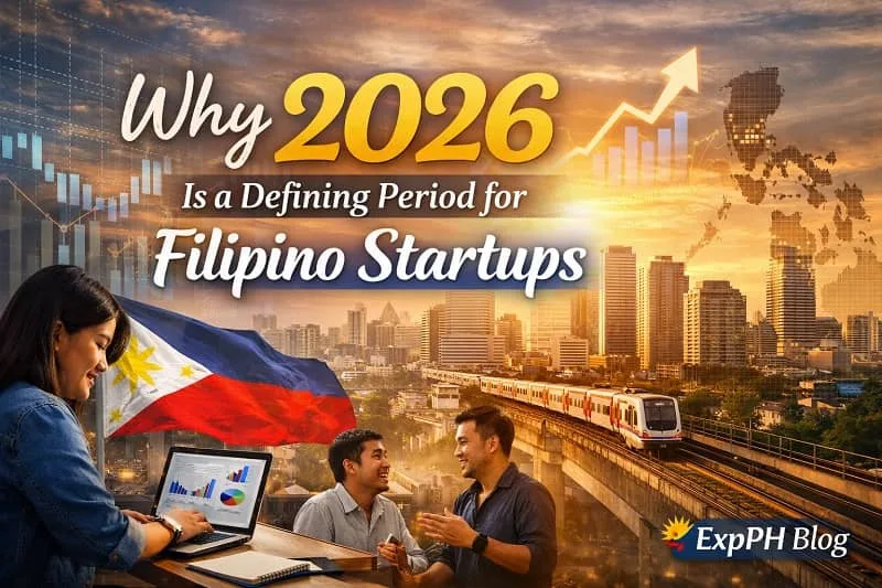 Filipino startup founders working with laptops and data charts in front of the Manila skyline with a Philippine flag and growth graph representing the rise of Filipino startups in 2026 with the ExpPH Blog logo.