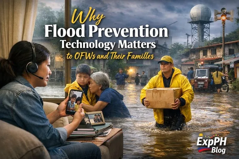 OFW mother on video call with family during flooding in the Philippines, highlighting the importance of flood prevention technology for Overseas Filipino Workers and their families.