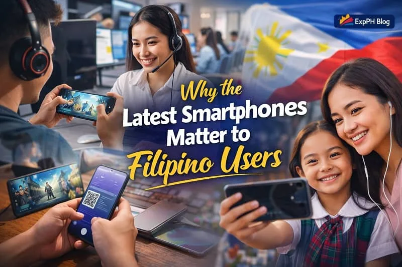 Filipino users using smartphones for work, gaming, learning, and family connection, showing why the latest smartphones matter to everyday life in the Philippines, with ExpPH Blog logo.