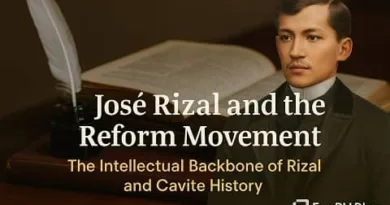 Realistic image of José Rizal in an intellectual study setting with books and a quill, representing the Reform Movement as the intellectual backbone of Rizal and Cavite history, featuring the ExpPH Blog logo.