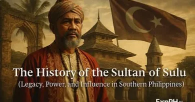 Sultan of Sulu standing before historic Islamic structures with a crescent flag and ExpPH Blog logo