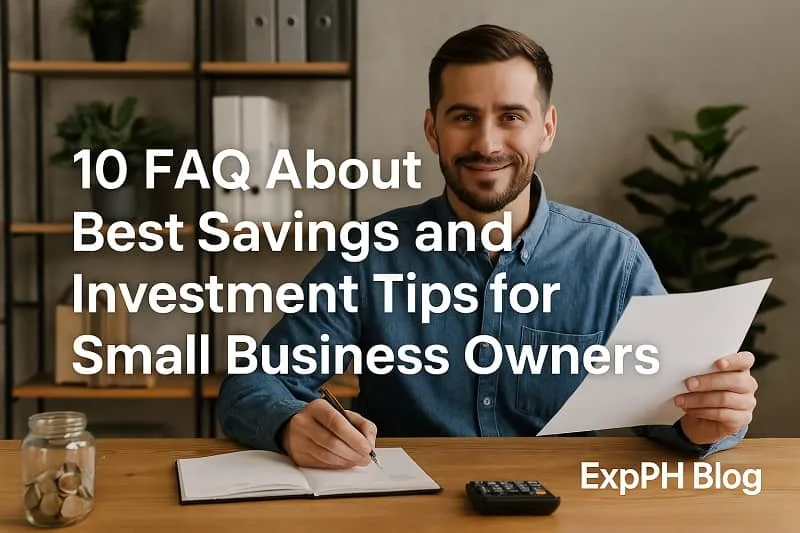 A small business owner reviewing documents and writing notes with a calculator and savings jar on the desk, representing FAQs about savings and investment tips.
