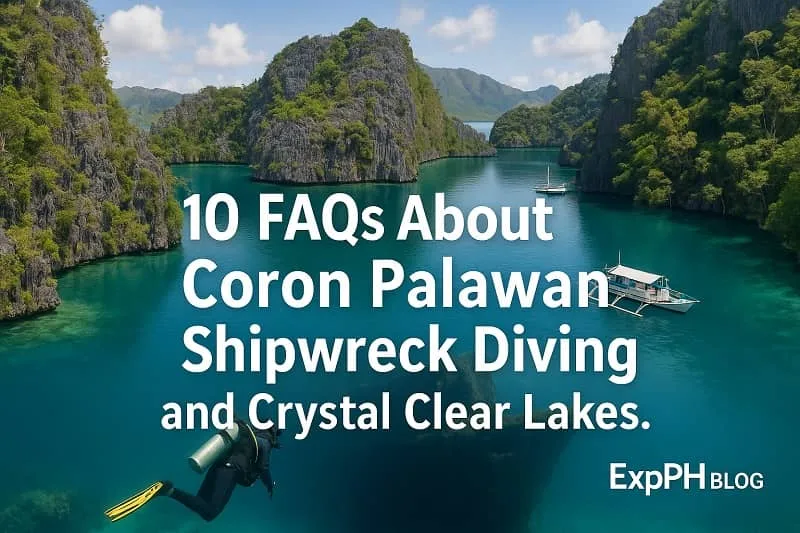 Scuba diver exploring a shipwreck beneath clear blue water with limestone cliffs and boats in Coron Palawan.