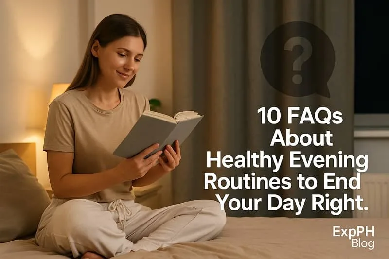 Woman reading a book on her bed at night, a calm evening setting representing the FAQs about Healthy Evening Routines, with ExpPH Blog logo.