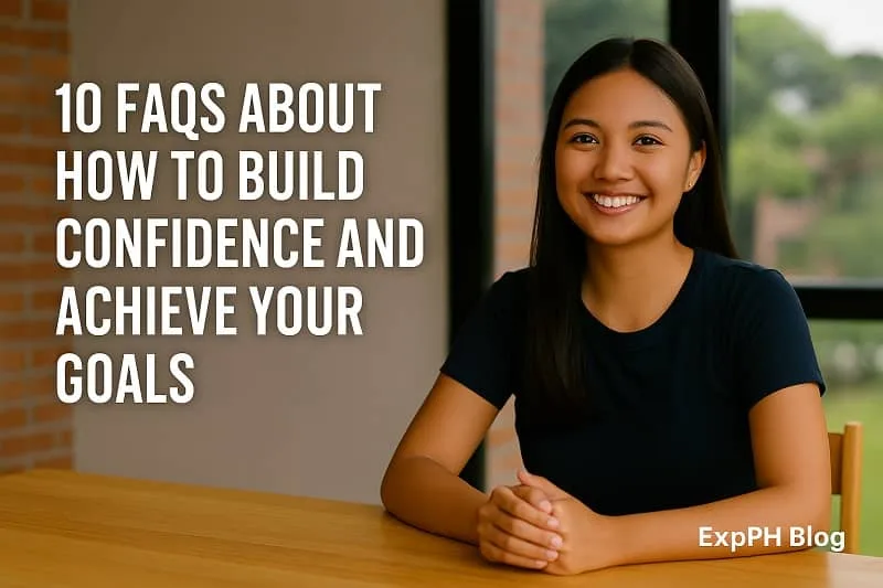 Filipino woman smiling at a table, representing confidence and learning through FAQs about building self belief and achieving goals.