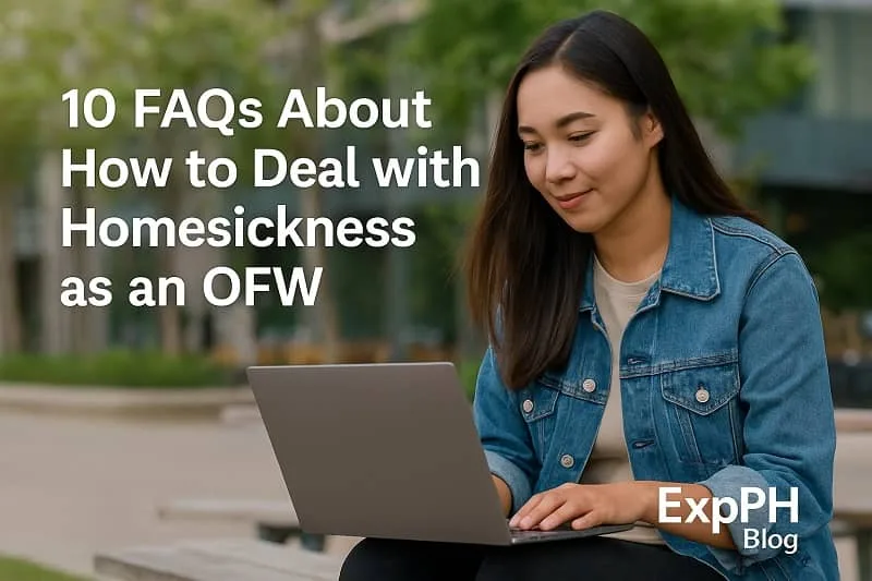 A realistic image of a young Filipina sitting outdoors on a bench using a laptop while searching for answers about dealing with OFW homesickness, with the ExpPH Blog logo in the corner.