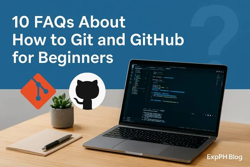 Laptop showing code with Git and GitHub logos and ExpPH Blog branding for a beginner friendly FAQ guide.