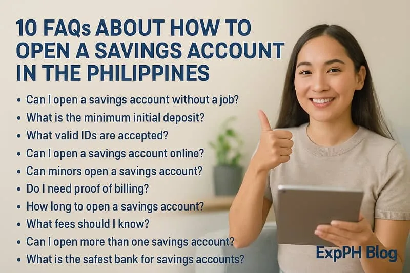 Filipina smiling and holding a tablet beside a list of FAQs about opening a savings account in the Philippines with the ExpPH Blog logo.