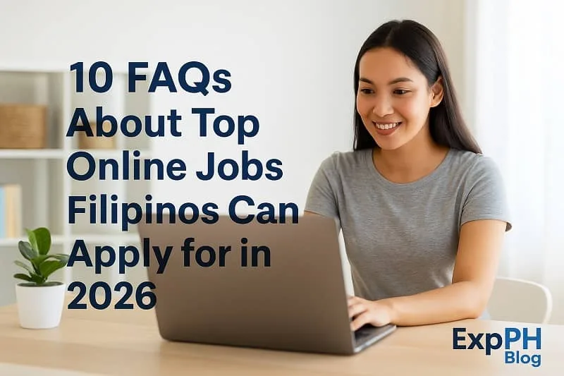 Filipina working on a laptop in a home office representing the 10 FAQs about top online jobs Filipinos can apply for in 2026 with the ExpPH Blog logo.