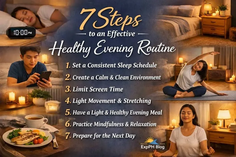 Filipino inspired realistic evening routine image showing seven steps including sleep schedule, clean bedroom, limiting screen time, light stretching, healthy dinner, meditation and preparing for the next day with ExpPH Blog logo