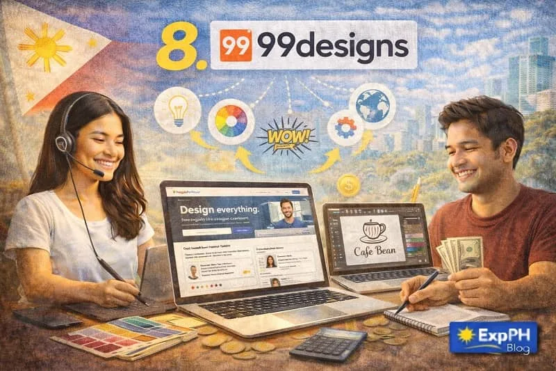 Filipino graphic designers using 99Designs platform on laptops to create logos and earn money from design work