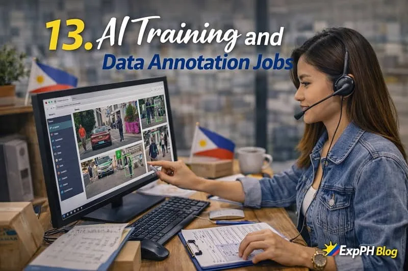 Filipina AI data annotation specialist working on a computer labeling data with multiple screens and digital tools, featuring ExpPH Blog logo