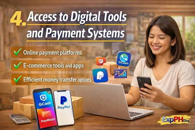 Filipino entrepreneur using mobile payment apps and digital tools to manage a home-based business in the Philippines