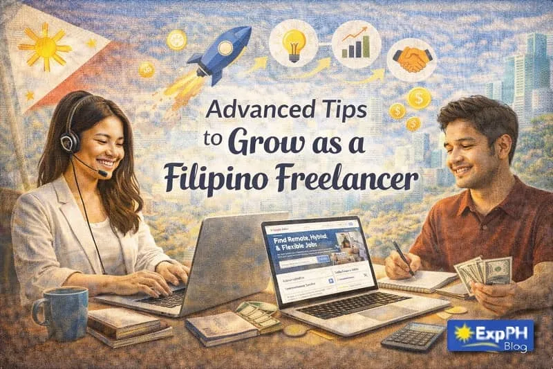 Filipino freelancers working on laptops while planning strategies to grow their freelance career and increase income