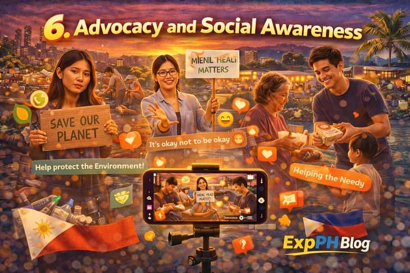 Filipino TikTok creators promoting social awareness and community advocacy while recording videos with smartphones, featuring the ExpPH Blog logo.