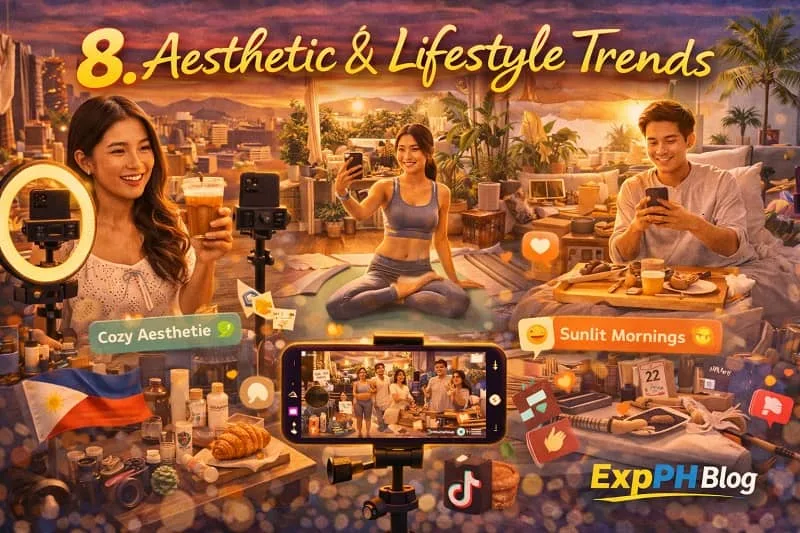 Filipino TikTok creators filming aesthetic lifestyle content such as daily routines, cozy setups, and café moments using smartphones and ring lights, with the ExpPH Blog logo visible.