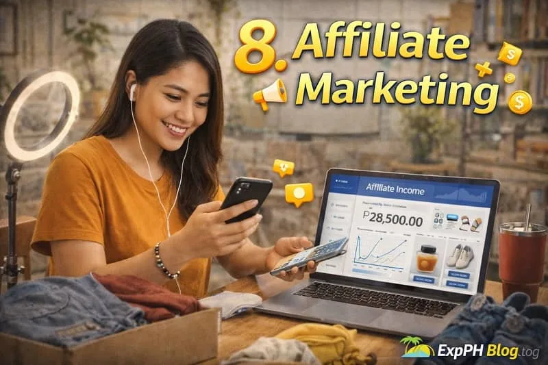 Filipina using smartphone and laptop showing affiliate income dashboard with earnings and products with text “8. Affiliate Marketing”