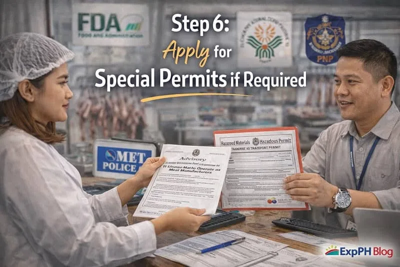 Filipino business owner applying for special permits with government agencies like FDA and local authorities with official documents