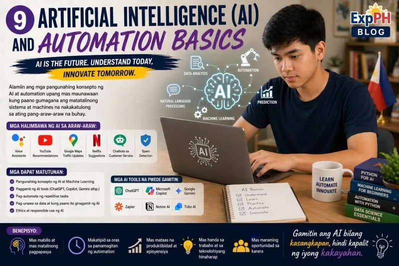 Filipino student using a laptop with AI icons like machine learning, automation, and data analysis, showing artificial intelligence skills with ExpPH Blog logo