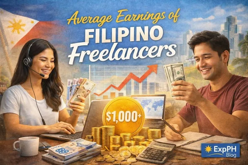 Filipino freelancers working online with laptop while counting money and viewing income growth, representing average earnings of Filipino freelancers