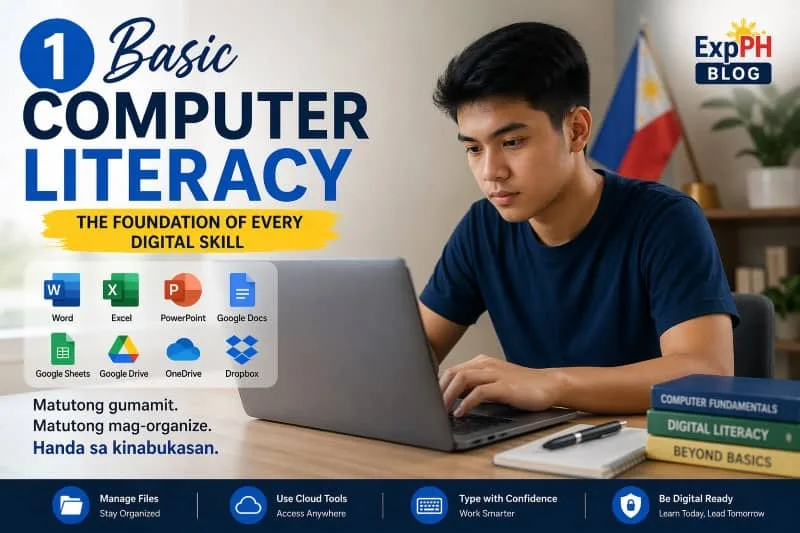 Filipino student using a laptop with Microsoft Word, Excel, PowerPoint, and Google Docs icons, showing basic computer literacy skills with ExpPH Blog logo