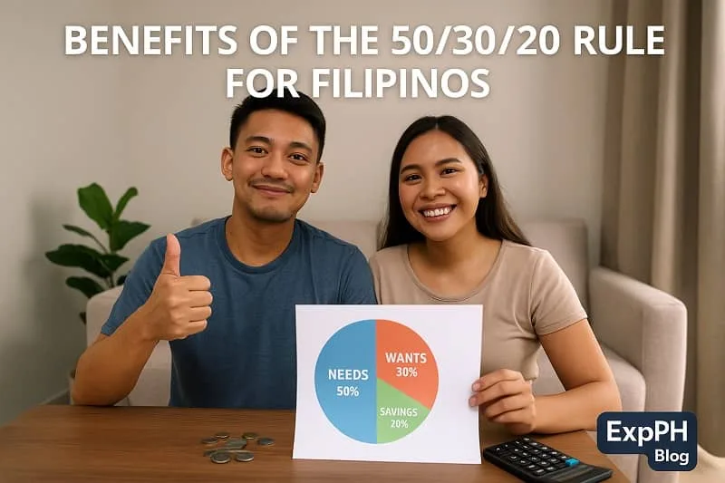 A smiling Filipino couple sits at a wooden table holding a printed pie chart that shows the 50 30 20 budgeting rule labeled needs, wants, and savings. Coins and a calculator are placed on the table. The text Benefits of the 50/30/20 Rule for Filipinos appears above them, and the ExpPH Blog logo is displayed in the lower right corner.