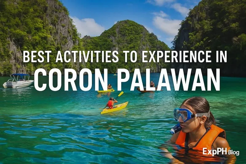 Tourists snorkeling and kayaking in the clear turquoise waters of Coron Palawan surrounded by limestone cliffs.