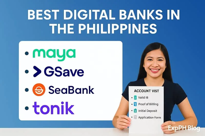 Filipina woman holding a banking checklist beside logos of the best digital banks in the Philippines with ExpPH Blog branding.