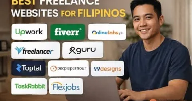 A Filipino freelancer working on a laptop with visuals showing the best freelance websites for Filipinos including Upwork, Fiverr, OnlineJobs.ph, Freelancer.com, Toptal, Guru, PeoplePerHour, 99Designs, TaskRabbit, and FlexJobs.