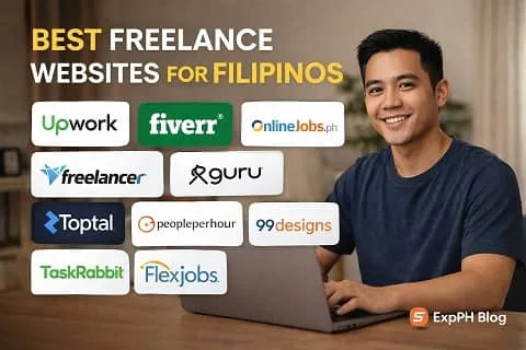 A Filipino freelancer working on a laptop with visuals showing the best freelance websites for Filipinos including Upwork, Fiverr, OnlineJobs.ph, Freelancer.com, Toptal, Guru, PeoplePerHour, 99Designs, TaskRabbit, and FlexJobs.