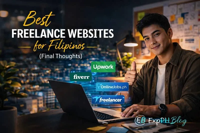 Filipino freelancer using a laptop with freelance platform icons representing the best freelance websites for Filipinos, final thoughts article on ExpPH Blog.