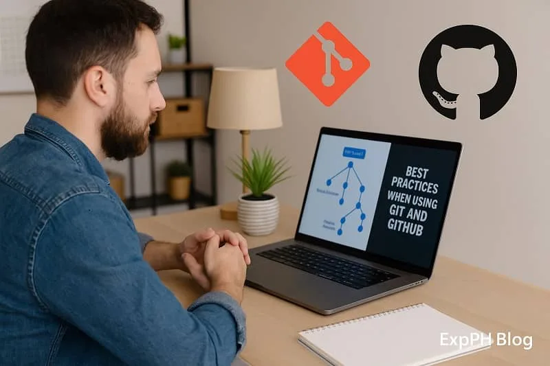Man using a laptop while viewing best practices for Git and GitHub, with Git and GitHub logos and ExpPH Blog branding.