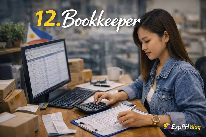 Filipina bookkeeper working on financial records using a computer with calculator and documents, featuring ExpPH Blog logo