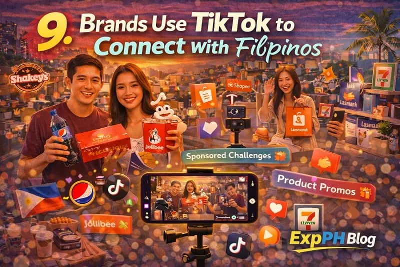 Filipino content creators promoting brand products on TikTok while recording videos with smartphones, featuring the ExpPH Blog logo.